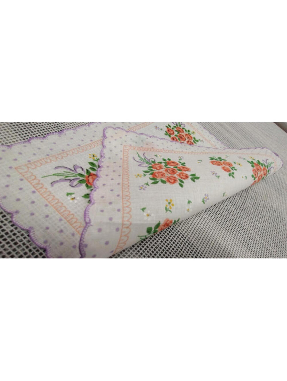Vintage Hankie Orange Roses Lilac Scalloped Edge Poly Cotton SUPER 1970S MEXICAN